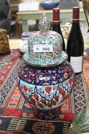 Tall Hand Decorated Turkish Ginger Jar - Aqua / Red