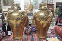 Pair of Large Japanese Style Lidded Gilt Ceramic Urns