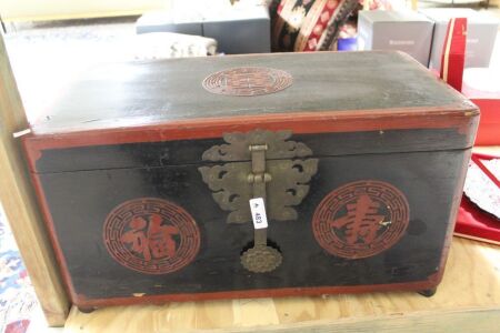 Antique Carved and Painted Timber Japanese Glory Box with Brass Fittings