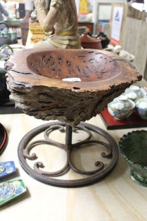 Large Timber Burl Bowl on Cast Iron Stand