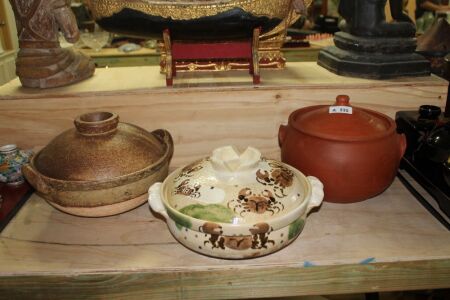 3 x Large Pottery Lidded Cooking Pots