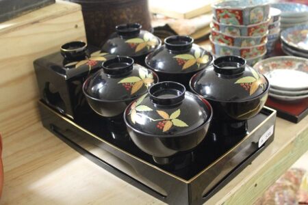 Lot of 7 Pieces of Matching Japanese Lacquerware