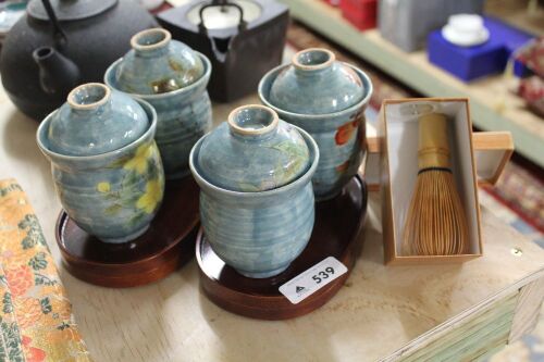 4 Lidded Pottery Cups on Timber Trays + Boxed Macha Whisk