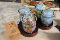 4 Lidded Pottery Cups on Timber Trays + Boxed Macha Whisk - 2