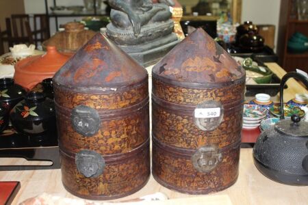 Pair of Asian Hinged and Tiered Round Food Boxes with Brass Mounts - Some Lacquer Peeling