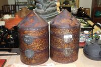 Pair of Asian Hinged and Tiered Round Food Boxes with Brass Mounts - Some Lacquer Peeling