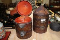 Pair of Asian Hinged and Tiered Round Food Boxes with Brass Mounts - Some Lacquer Peeling - 2