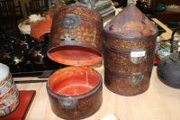 Pair of Asian Hinged and Tiered Round Food Boxes with Brass Mounts - Some Lacquer Peeling - 3