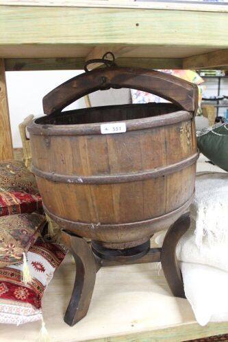 Antique Manchurian Timber Well Bucket with Iron Fittings on Later Stand