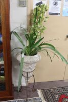 Terracotta Urn in Iron Stand with Faux Orchid