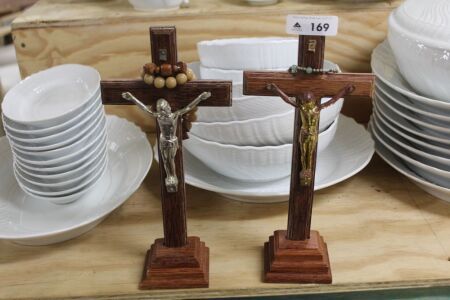 2 x Oak and Cast Metal Crucifix