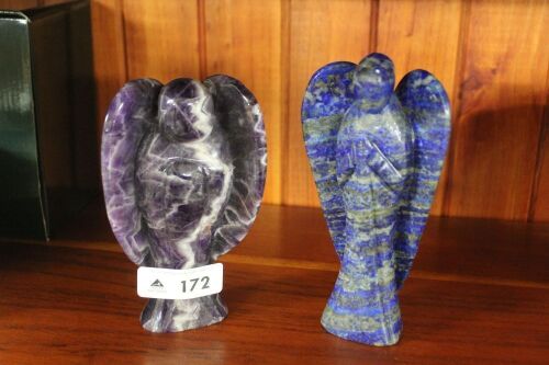 2 x Carved Stone Angels - Lapis and Chevron Agate