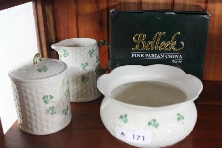 3 Pieces of Belleek Parian Ware China - Jug, Jar & Bowl