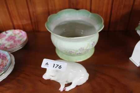 Belleek Pig and Green Violets Bowl