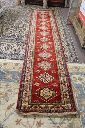 Hand Knotted & Naturally Dyed Turkish Wool Runner in Red Geo Design