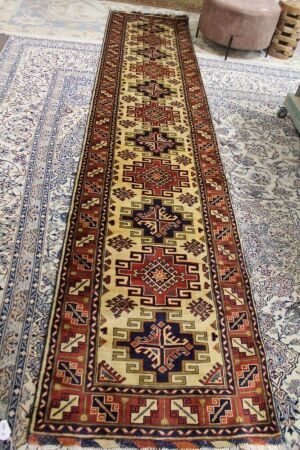 Hand Knotted & Naturally Dyed Turkish Wool Runner in Rust Cream and Navy Geo Design