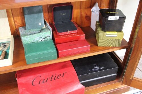 Asstd Lot of Empty Brand Name Boxes inv. Rolex, Breitling, Cartier Etc