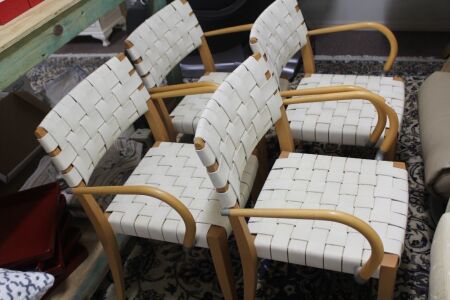 Set of 4 Arflex Tina White Leather Lattice and Beech Armchairs