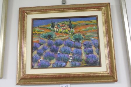 Original Framed Oil on Canvas Signed Marie Tissot Front and Back - Les Lavander eu Provence