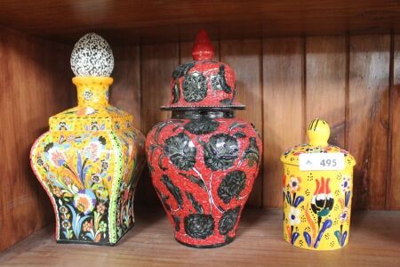 3 x Asstd Hand Decorated Lidded Turkish Jars - Yellow, Orange, Black