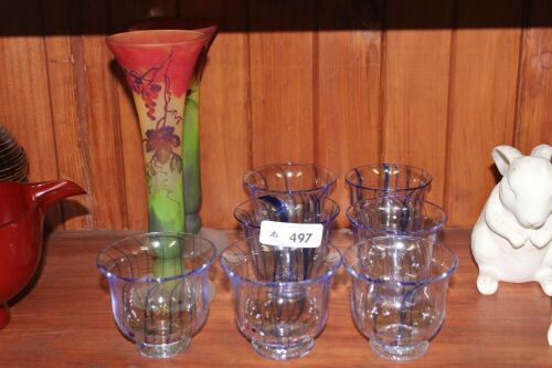 7 x Murano Style Water Glasses + 2 x Galle Style Vases