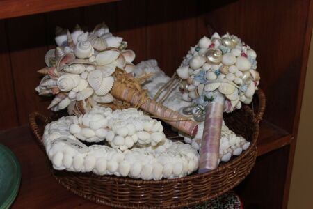 Collection of Shell Bouquets, Cross, Hearts on Tray