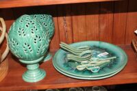 Asstd Lot of Aqua Glazed Pottery inc. Plates, Soup & Tea Spoons + Candle Lanterns