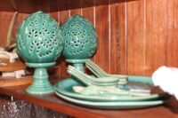 Asstd Lot of Aqua Glazed Pottery inc. Plates, Soup & Tea Spoons + Candle Lanterns - 2