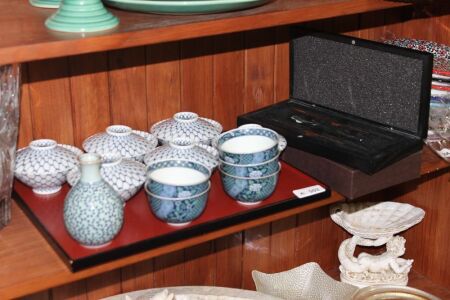 Asstd Lot of Japanese Bowls, Vase and Boxed Chopsticks on Tray