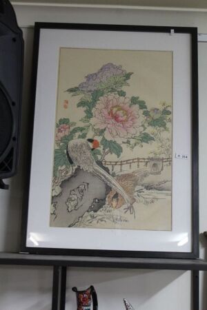 Contemporary Framed Japanese Pheasant and Peony Print