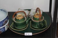 Asstd Lot of 2 x Japanese Pottery Tea Pots + Cups and 8 Dishes on Tray