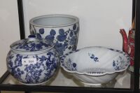 3 Pieces of Blue and White Ceramics inc. Pot, Lidded Bowl and Strainer