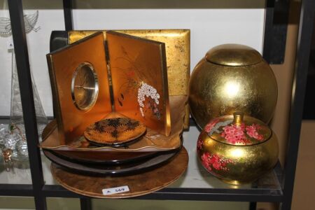 Lot of 11 Asstd Gold Lacquerware Pieces