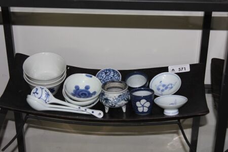 Lot of 18 x Small Asian Blue and White Ceramic Pieces + Tray on Stand