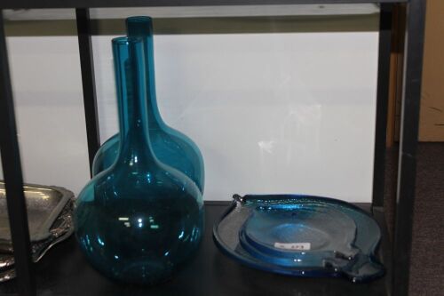 2 x Tall Blue Glass Vases + 3 x Blue Glass Fish Plates