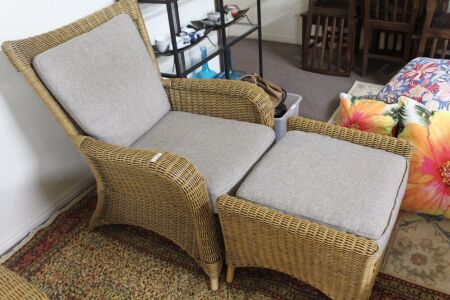 Quality Wicker Armchair with Cushions + Footstool