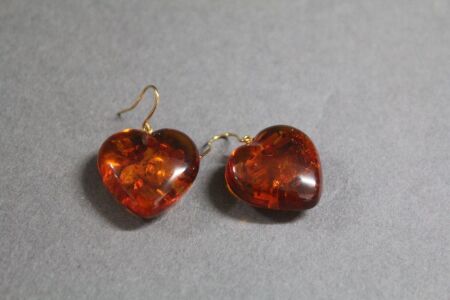 Pair of Baltic Amber Heart Shaped Earrings with 18k Gold Hooks