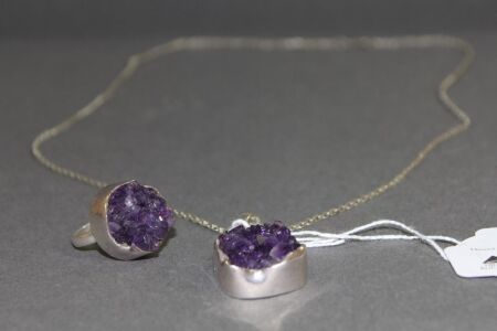 Sterling Silver and Amethyst Crystal Pendant, Chain and Ring