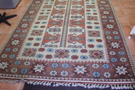 Turkish Wool Rug in Modern Brown and Cream Pattern