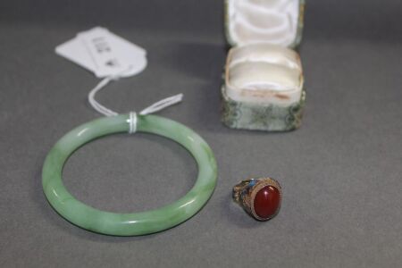 Jade Bangle + Chinese Silver and Cloisonne Ring - As Is