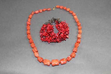 Heavy Red Coral Bracelet with Silver Clasp and Necklace with 14k Gold Clasp