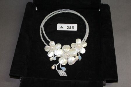 Boxed Mother of Pearl, Pearl, and Crystal Choker