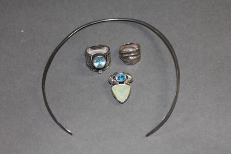 2 x Sterling Silver Rings + Sterling Silver Stone Mounted Pendant on Choker