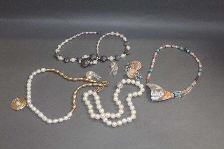 Box of Natural Pearl, Shell, Crystal Jewellery Etc inc. 4 Necklaces and 2 Pair Earrings