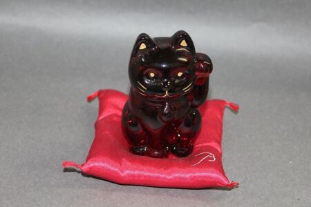 Baccarat Red Crystal Maneki Cat on Moulded Silk Cushion