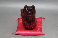 Baccarat Red Crystal Maneki Cat on Moulded Silk Cushion - 2