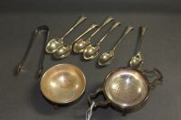 6 x Sterling Silver Tea Spoons, Sugar Tongs + Tea Strainer Holder - App. 153g + Mappin & Webb Plated Strainer and Bowl