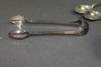 6 x Sterling Silver Tea Spoons, Sugar Tongs + Tea Strainer Holder - App. 153g + Mappin & Webb Plated Strainer and Bowl - 2