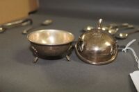 6 x Sterling Silver Tea Spoons, Sugar Tongs + Tea Strainer Holder - App. 153g + Mappin & Webb Plated Strainer and Bowl - 4