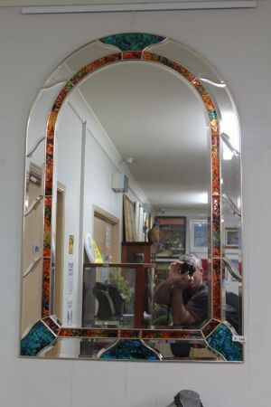 Large Arched Coloured and Bevelled Glass Mirror